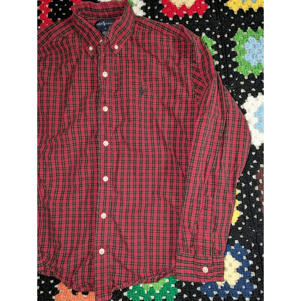 Ralph Lauren Polo Boys Red Green Plaid Button Dress Shirt Size Medium‎